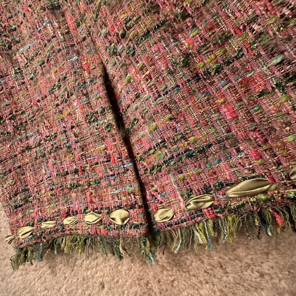 Rickie Freeman Teri Jon Tweed Pencil Skirt Bow Fringe Pink Green‎ Sz 2 - Picture 8 of 13